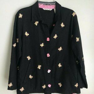 Vintage Mureli Black Embroidered Bumble Bee 3/4 Sleeve Linen Blend Blouse